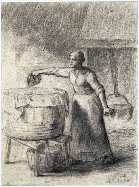 La Lessiveuse (The Lye-Washer), ca. 1852–53 Jean-François Millet, French, 1814–1875 Black chalk with stumping, heightened with white, on gray-blue wove paper. Bron: Princeton University Art Museum. Licentie: Publick Domain.